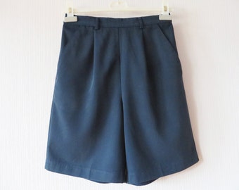 Vintage 80s Navy Blue Bermuda Shorts Elastic High Waist Dark Blue Culottes Size Medium