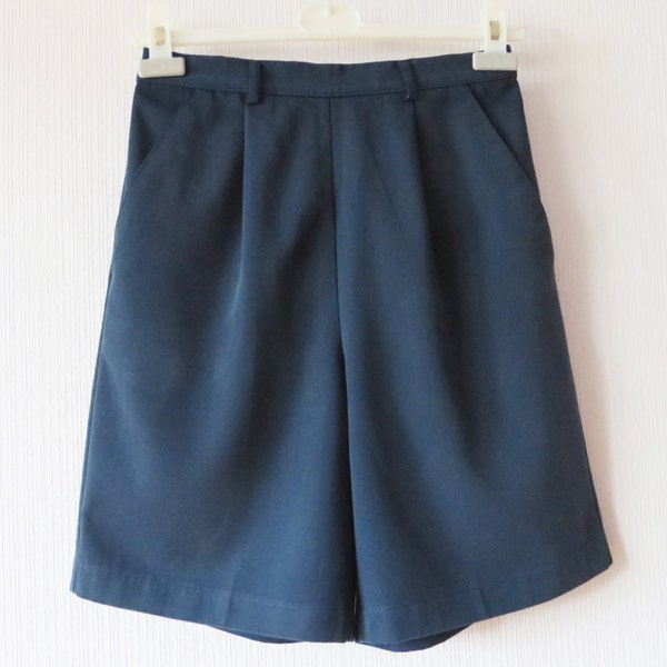 Vintage 80s Navy Blue Bermuda Shorts Elastic High Waist Dark Blue Culottes Size Medium