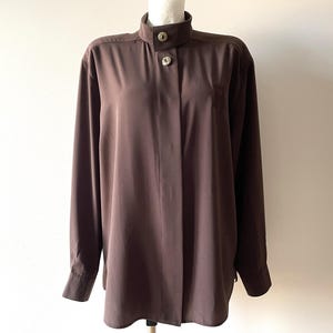90s Poly Silk Blouse: Brown Long Sleeve Button Up Top, Size L