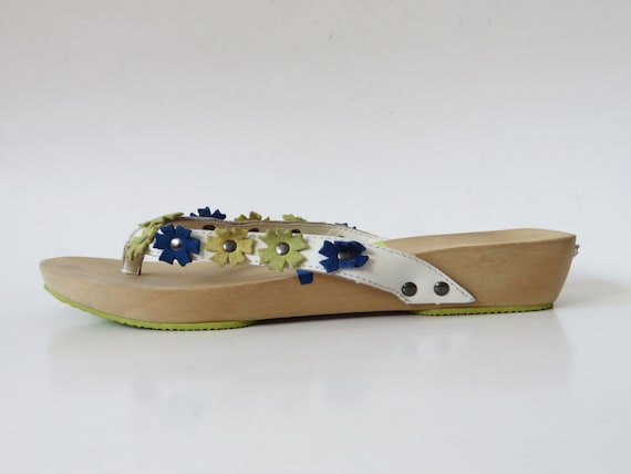 Floral Leather Wooden Flip Flops Women's Sliders … - image 2