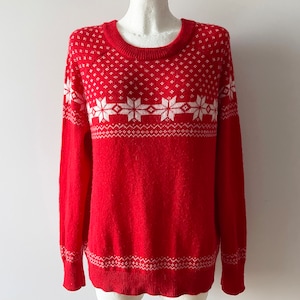 Vintage Red Wool Blend Snowflake Sweater: Christmas Ski Jumper, Size M