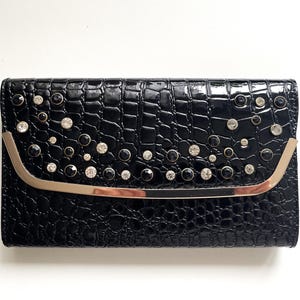 Bolso de mano de piel vegana de charol negro con correa de cadena, bolso de piel sintética de cocodrilo con estampado de reptil, bolso pequeño para teatro de ópera, idea de regalo