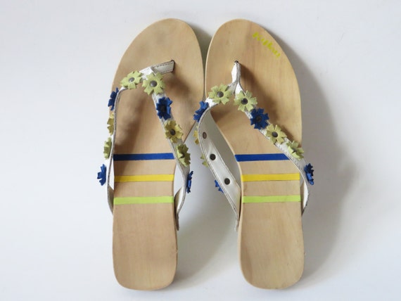 Floral Leather Wooden Flip Flops Women's Sliders … - image 3