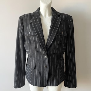Women&#39;s blazer, gray striped wool cashmere blend formal jacket, collared formal jacket, gift idea for her, women office wear, size large