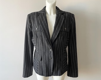Vintage wollen kasjmierblazer: grijs gestreept formeel jack, maat L