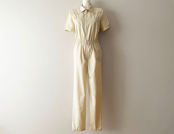 70s Beige Jumpsuit Women's Romper with Zipper Shor