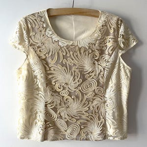 Beige lace blouse, gold treads short sleeve top, women&#39;s summer blouse, golden beige lace shirt, gift idea for her, plus size xl large