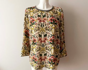 Floral women blouse, bell sleeve top, beads embroidered neckline, feminine flowers print shirt, gift for her, size medium