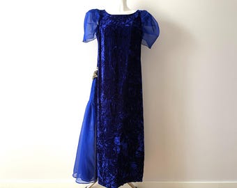 Vintage Cobalt Blue Velvet Maxi Dress: Embroidered Holiday Gown, Medium