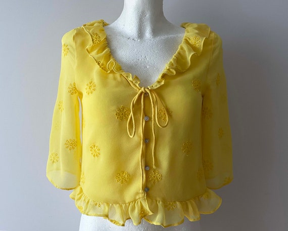 90s Yellow ruffle blouse, cropped Women top, Poly… - image 1