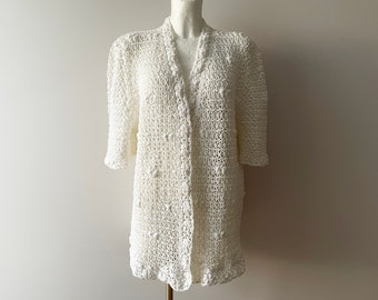 White crochet cardigan, Women's lace summer jacket, romantic short sleeve button less top, gift dea for her, size large