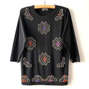 80s Embroidered Black Tunic: Beaded Boho Blouse, Size Large