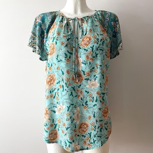 Floral women&#39;s blouse, turquoise silky viscose summer top with flowers print , short sleeve tunic, festival shirt, gift idea for her, medium