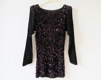 Crochet Sequin Top Black Crochet Top Purple Sequined Top Crocheted Blouse  Luxurious Crochet Top Boat Neckline Top Small to Medium Size