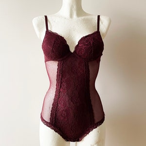 Burgundy red bodice, Sexy lace tong leotard, sweetheart bodysuit, bust bustier, body shaper, women&#39;s lingerie, size xs small