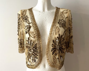 Veste boléro brodée bronze beige, cardigan de mariée nuptiale doré à paillettes métalliques, mariée d'été, taille grand