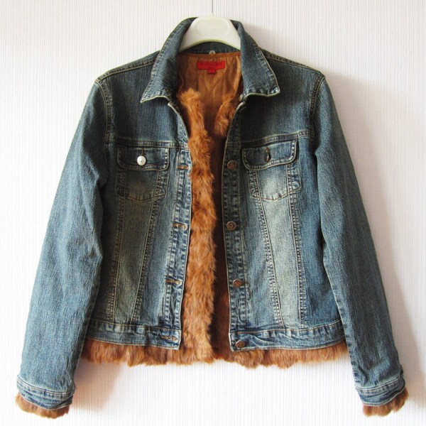 Warm Blue Denim Jacket with Rabbit Fur Trim Removable Insulation Cropped Metal Buttons Size Small