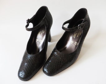 Dark Brown Mary Janes Black Leather Shoes High Heel Shoes Black Mary Janes Women's Dancing Shoes Snake Skin Print Size EUR 37.5 US 7 UK 4.5