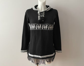 Vintage Boho Fringe Hooded Sweater: Black Patterned Knit Pullover, Small