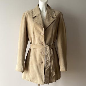 Taupe suede jacket, sand beige genuine leather women&#39;s blazer with belt, camel brown short trench coat, size medium to large