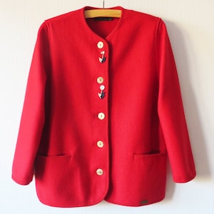 90s Hot Red Trachten Wool Jacket German Dirndl Warm Cardigan Long Sleeve Bavarian Festival Austrian Embroidered Shoulder Pads Size Large