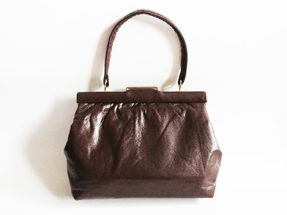 Vintage 50s Brown Vegan Leather Handbag: Golden Framed Clutch, Made in Sweden