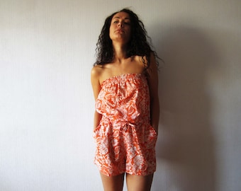 Orange Blumen Playsuit Sommer Romper Shorts Onsie Blumen Mini Jumpsuit Damen Playsuit Hippie Hipster Boho Mittlere Größe