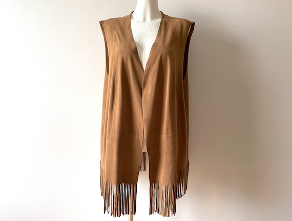 Vegan leather vest, brown fringe waistcoat, faux … - image 1