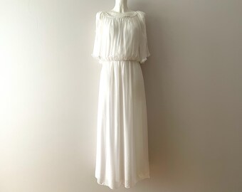 White silk chiffon dress, embroidered summer wedding dress, bohemian women's maxi gown, gift idea for her, size medium