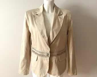 Vintage Beige Blazer: Women's Fitted Sand Jacket, Size Medium