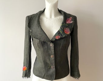 Damen Leinen-Blazer, bestickte leichte dunkelgrüne Sommerjacke, ungefütterte formelle Blazer, Geschenkidee für sie, Größe S