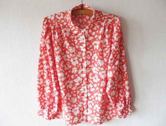 Vintage 80s Coral Floral Blouse Coral Pink Blouse… - image 1