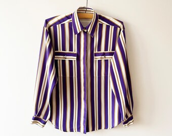 Striped blouse, purple white silky women's shirt, long sleeve blouse, metal button's up top, shirt, gift idea for her, medium to large