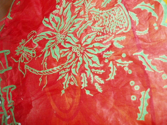 Apron Floral Sheer Red Organdy Green Flocked Flow… - image 3