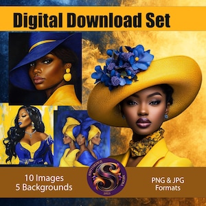Könnte beinhalten: Digitales Download-Set mit Porträts von Frauen in gelber und blauer Kleidung. Die Bilder zeigen Frauen mit Hüten und Kleidern. Das Set enthält 10 Bilder und 5 Hintergründe in PNG- und JPG-Formaten.