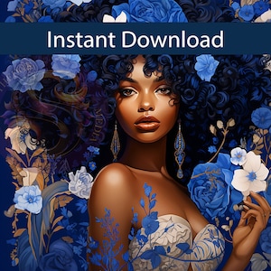 Blue Roses | Beautiful Girl | Finer Woman 23 | Black Woman Wallart | Instant Download | Upscaled 150 DPI | Quality Image | Home Deccor