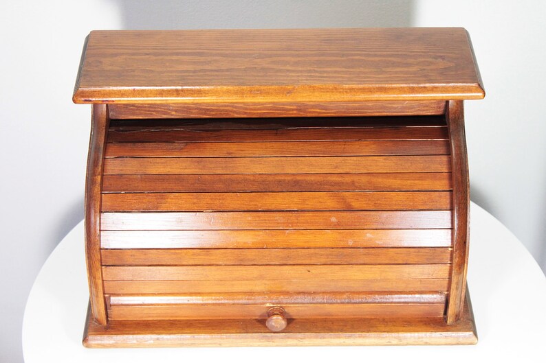 Vintage Wooden Roll Top Bread Box Etsy