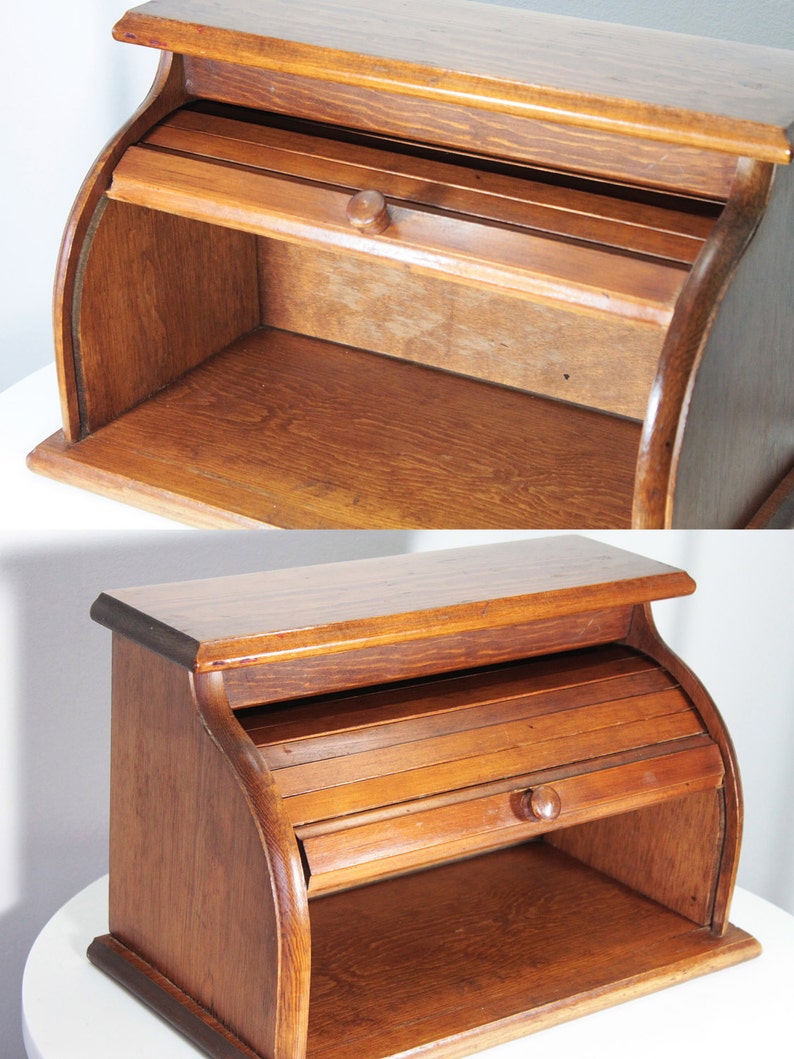 Vintage Wooden Roll Top Bread Box Etsy