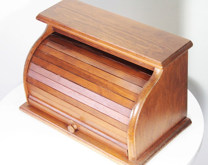 Vintage Wooden Roll Top Bread Box Etsy