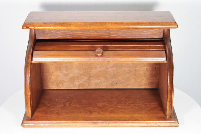 Vintage Wooden Roll Top Bread Box Etsy