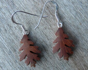 Teeny Tiny Oak leaf Wood Earrings, Natural jewelry, Itty Bitty silver leaf earrings, Dangle drop Leaf jewelry, Boho Hippie earrings,