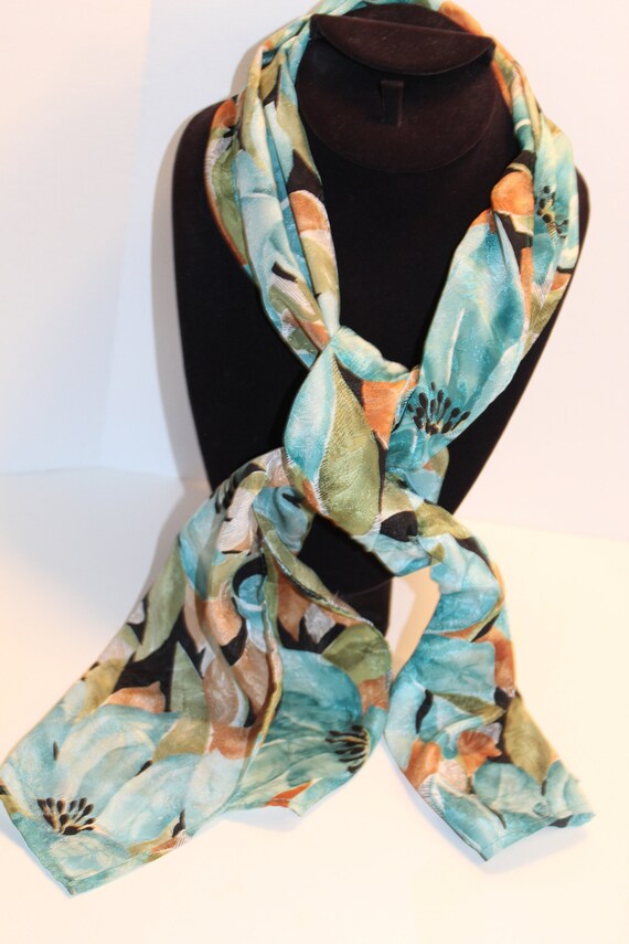 Floral Orange and Aqua Silk Scarf