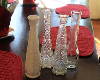 4 Bud Vases Milk Glass and Clear Glass