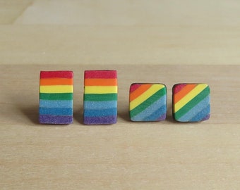Small Rainbow Striped Studs, Square 8 mm Stud Earrings, Polymer Fimo Unisex Studs, Titanium Hypoallergenic Posts, LGBT Pride Flag Studs