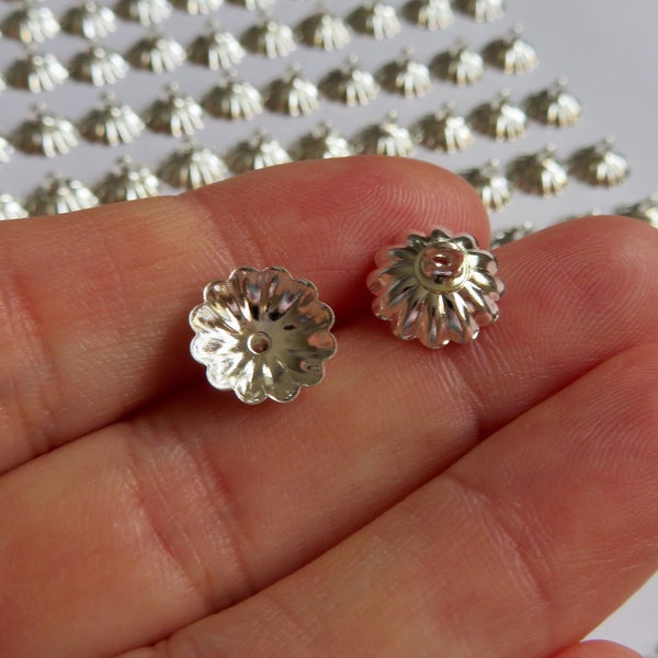 10 mm Glue on Bail Bead Caps, Fluted Scalloped Silver Bead Caps for Resin Jewelry, Looped Bead Findings, Sphere Tube Caps with Loop