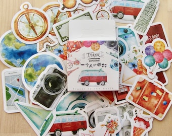 46 Travel Stickers, Illustrated Travel Stickers, Travel Planner Scrapbooking Stickers, Travel Theme Kawaii Stickers, Traveler Gift