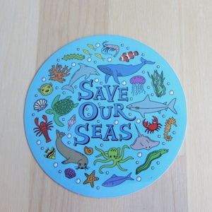 Save our seas ocean sticker, sea animal marine conservation sticker, save ocean waterproof vinyl laptop sticker, scuba diver sticker gift