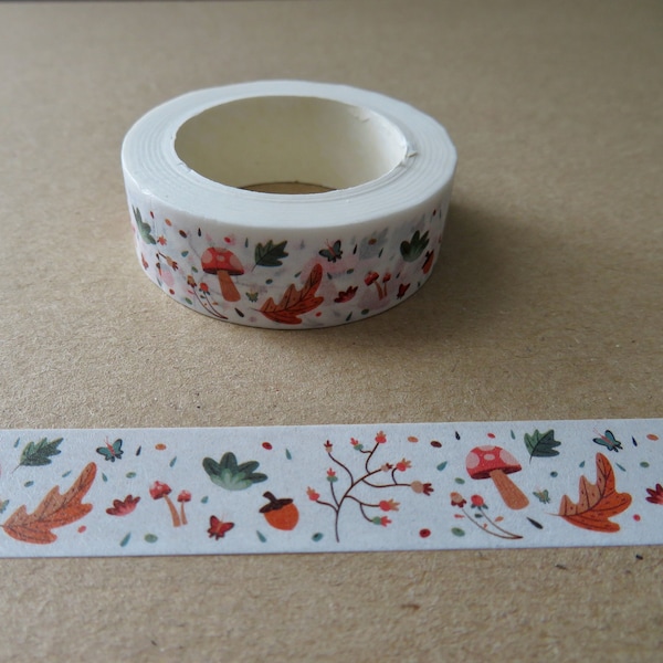 Autumn Leaves & Mushroom Washi Tape, Orange Leaf Floral Masking Tape, Nature Botanical Brown Leaf Planner Journal Tape, Earth Tones Washi