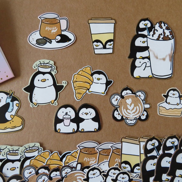 Penguin Stickers, Nekoni Planner Journal Scrapbooking Stickers, Kawaii Funny Penguin Lover Gift, Gold Foil Penguin Stationery