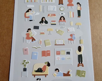 Library Book Stickers, People Stickers, Librarian Book Lover Planner Journal Stickers, Suatelier No. 1143 In the Library, Book Lover Gift